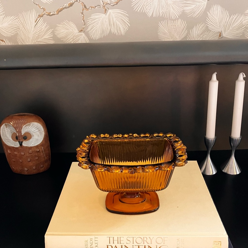 Vintage FTDA 1981 Amber Glass Lace Edge planter bowl, 4.5” tall